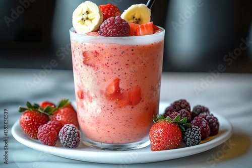 A vibrant strawberry and banana smoothie in a frosted glass, served with a side of fresh berries on a white plate.