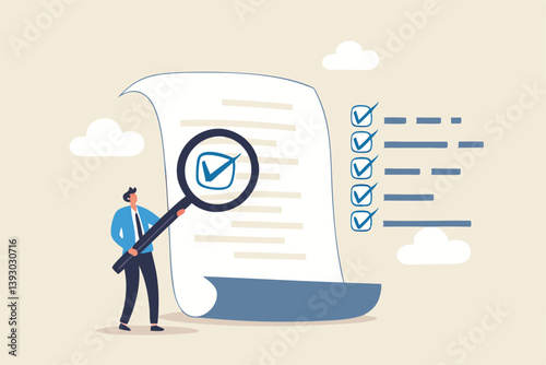 Inspect or review document, report or legal audit, quality assurance, search for document, information or research, investigate, proof or checking concept, businessman with magnifier inspect document.