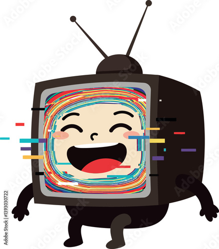 Happy cartoon television character with colorful screen in a playful, minimal vector art style