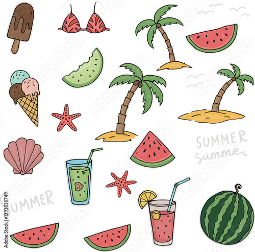 Tropical summer elements including palm trees, fruits, and beach items in playful, colorful vector art