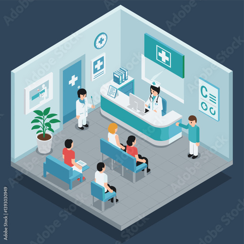 Healthcare waiting area: an isometric perspective of a clean and well-organized waiting room, depicting various patients interacting with medical professionals, with an emphasis on patient care.