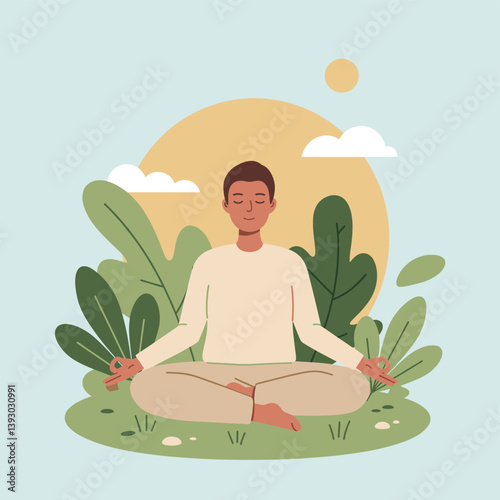 Inner Peace: A serene man in a meditative posture finds his center amidst nature, embodying mindfulness and tranquility.