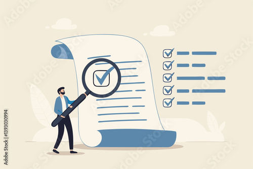 Inspect or review document, report or legal audit, quality assurance, search for document, information or research, investigate, proof or checking concept, businessman with magnifier inspect document.