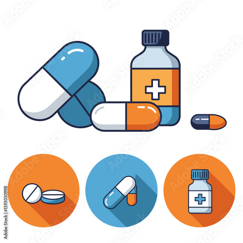 Pharmaceutical Pills: A visual depiction of essential medication pills and capsules. These detailed illustrations highlight the importance of healthcare, medicine, and well-being.
