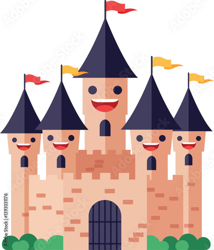 Happy cartoon castle with colorful flags in a flat vector illustration