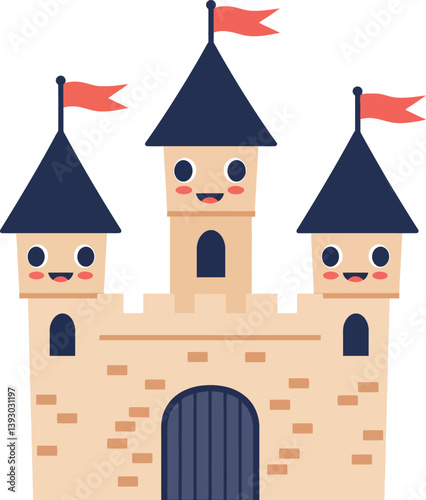 Cheerful castle with three towers and flags in flat design vector art
