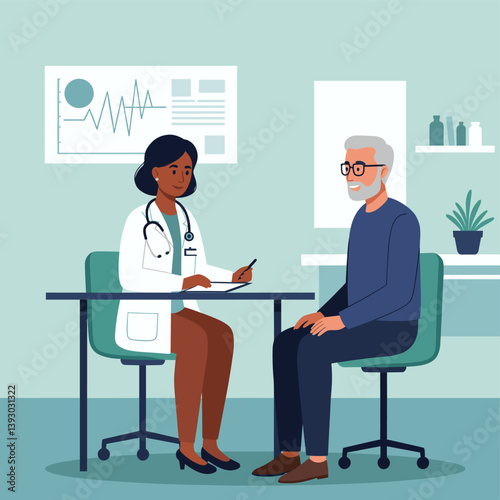 Doctor's Consultation: A doctor attentively reviews patient data, fostering a professional and empathetic setting. Emphasizing the importance of care.