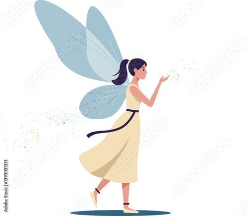 Enchanting fairy with delicate wings casting sparkles in a whimsical forest, flat vector illustration