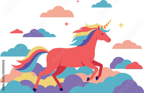 Colorful unicorn prancing among fluffy clouds in a whimsical flat vector illustration