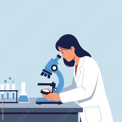 Science at Work: A dedicated scientist, engrossed in her crucial research, meticulously peers into a modern microscope, delving into the microscopic world to unlock scientific breakthroughs.