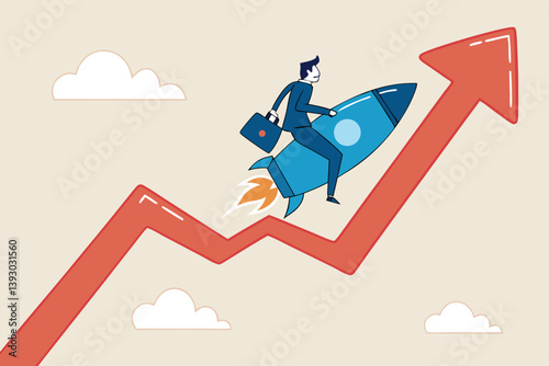 Investment growth boosting profit earning, increase market return or boost growth, growing fast, startup launch project or improvement concept, businessman riding rising up arrow with rocket booster.