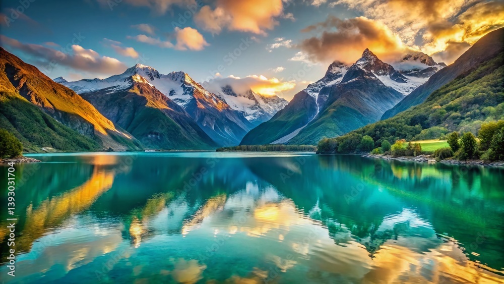Fototapeta premium Majestic New Zealand Fjord Dramatic Mountain Ranges Meet Serene Water in Lush Landscape