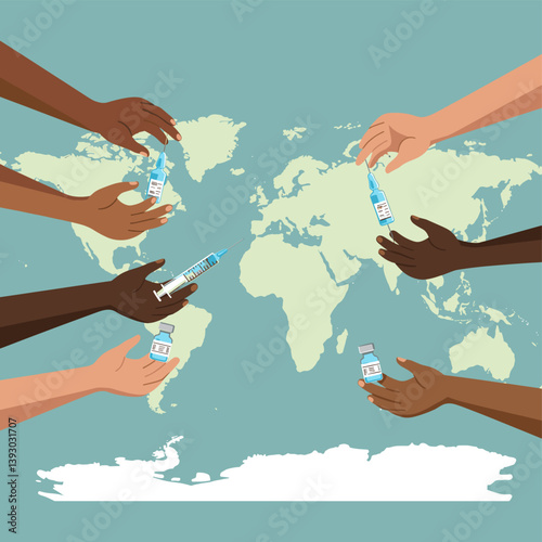Global Vaccination: A vibrant illustration symbolizing global health and cooperation, showcasing hands of diverse ethnicities reaching for vaccine vials against a backdrop of a world map.