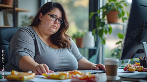 sedentary lifestyle Overweight woman working at office desk with snacks and coffee, looking thoughtful