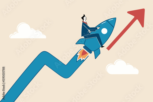Investment growth boosting profit earning, increase market return or boost growth, growing fast, startup launch project or improvement concept, businessman riding rising up arrow with rocket booster.