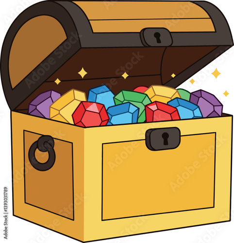 Treasure chest overflowing with colorful gems in flat vector art