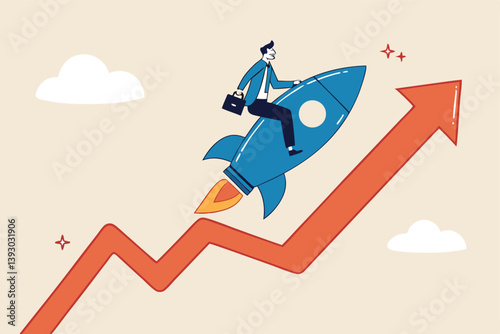 Investment growth boosting profit earning, increase market return or boost growth, growing fast, startup launch project or improvement concept, businessman riding rising up arrow with rocket booster.