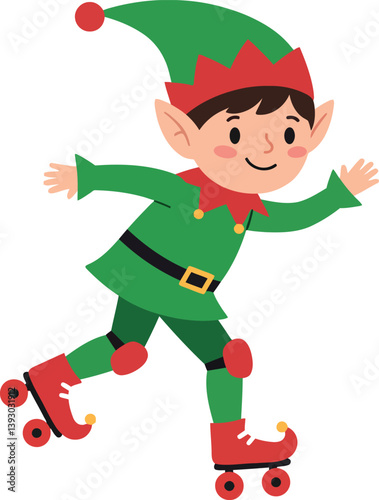 Cheerful young elf character roller skating in vibrant flat vector art