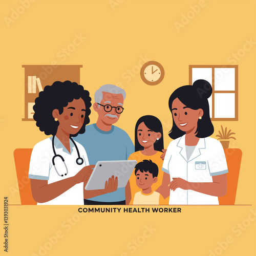Community health worker: A caring community health worker offers patient care, guiding a family through the essential process of healthcare in a close and collaborative environment.