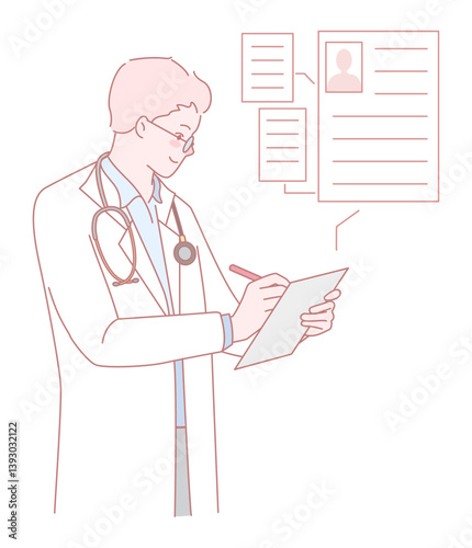 A doctor diligently taking thorough notes while carefully reviewing important patient details and medical records