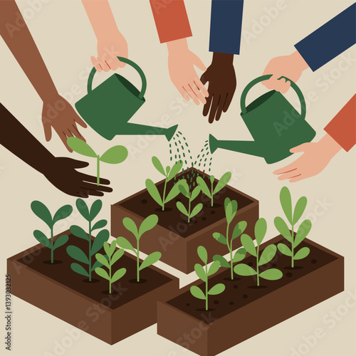 Nurturing New Growth: Hands of different ethnicities water young plants in garden beds, symbolizing growth, support, and environmental care. 