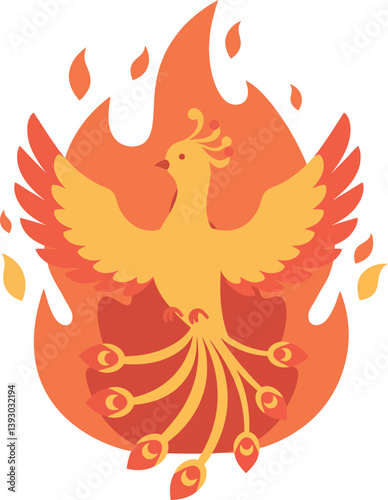 Vibrant phoenix rising from flames in a flat design style showcasing strength and rebirth vector art