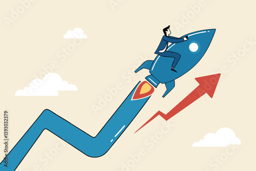 Investment growth boosting profit earning, increase market return or boost growth, growing fast, startup launch project or improvement concept, businessman riding rising up arrow with rocket booster.