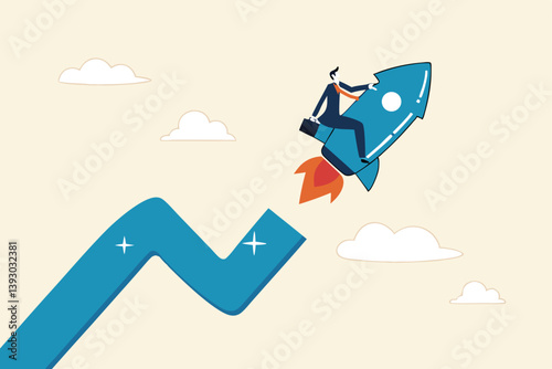 Investment growth boosting profit earning, increase market return or boost growth, growing fast, startup launch project or improvement concept, businessman riding rising up arrow with rocket booster.