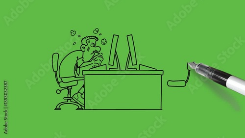 draw cartoon character young man sit on adjustable office chair work on computer place on table where other set of computer and chair also there with black outline on abstract green screen background 