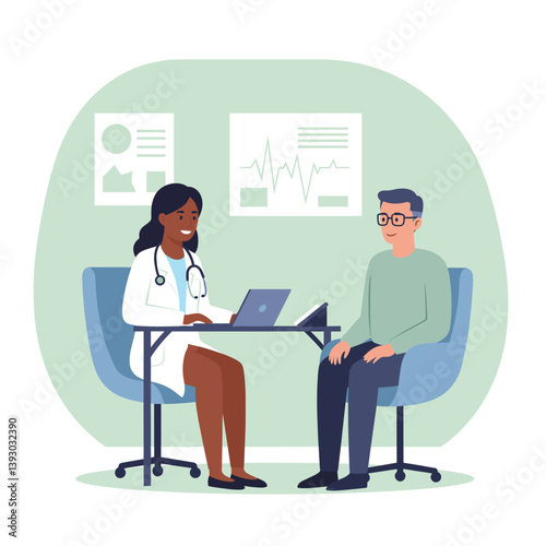 Medical Consultation: A compassionate medical doctor consults with a patient in a modern clinic, emphasizing trust and empathy in a professional environment.