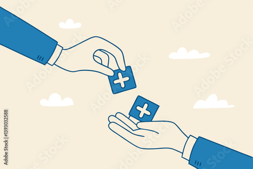 Forward positivity, growth mindset or success attitude, positive feedback, happiness or encourage people, support or optimistic concept, businessman hand forward positive plus sign to colleagues.