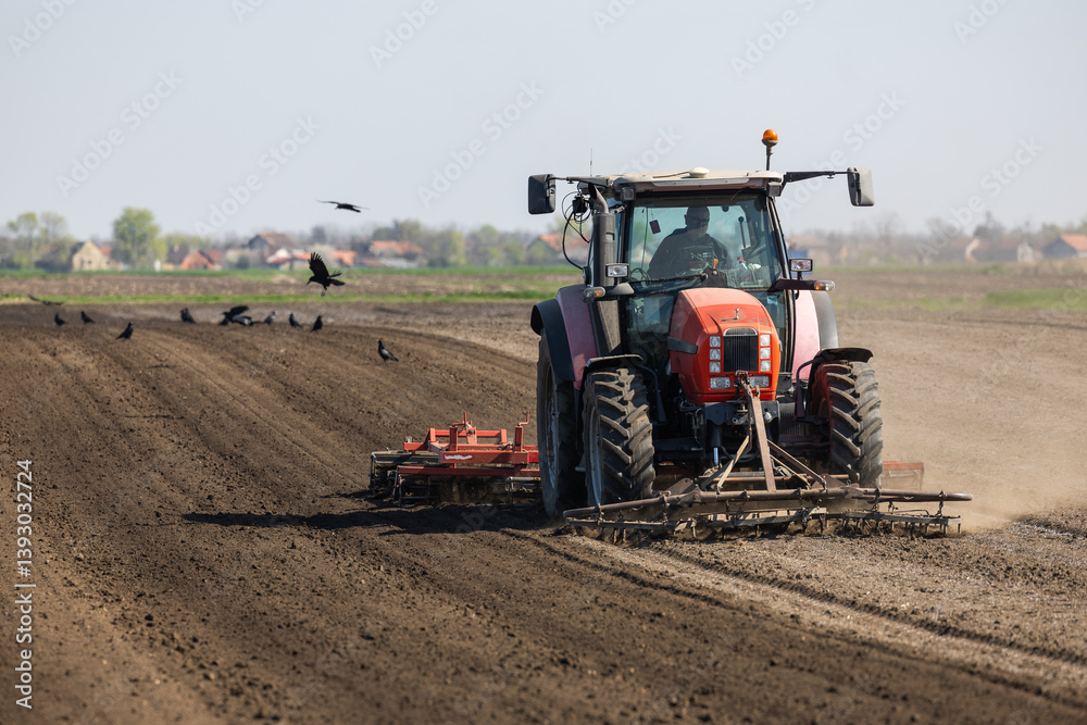 Fototapeta premium Tractor preparing land with seedbed cultivator.