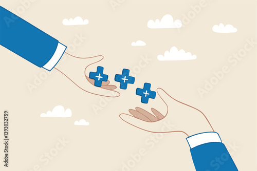 Forward positivity, growth mindset or success attitude, positive feedback, happiness or encourage people, support or optimistic concept, businessman hand forward positive plus sign to colleagues.
