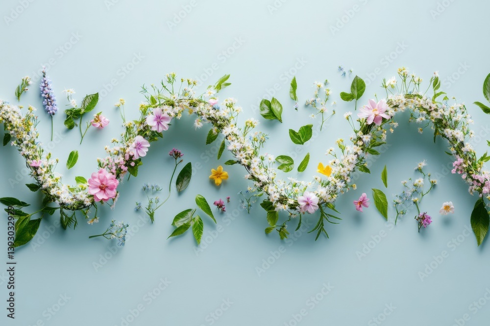 Double helix design composed of blooming flowers and fresh leaves representing organic evolution in a vibrant arrangement