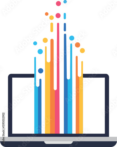 Laptop with colorful data visualization elements in a flat design vector art