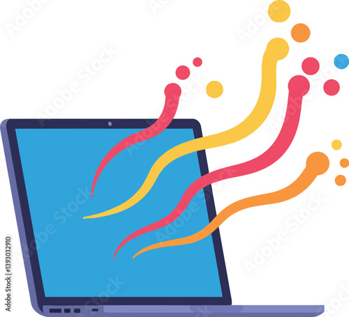 Laptop with colorful abstract waves emanating from the screen in a flat vector art style