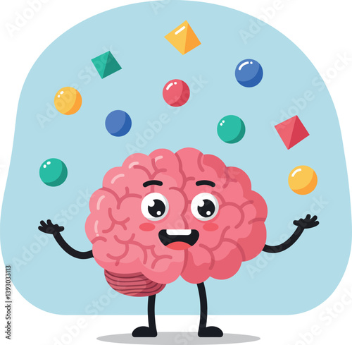 A cheerful cartoon brain juggling colorful geometric shapes in a playful flat vector illustration