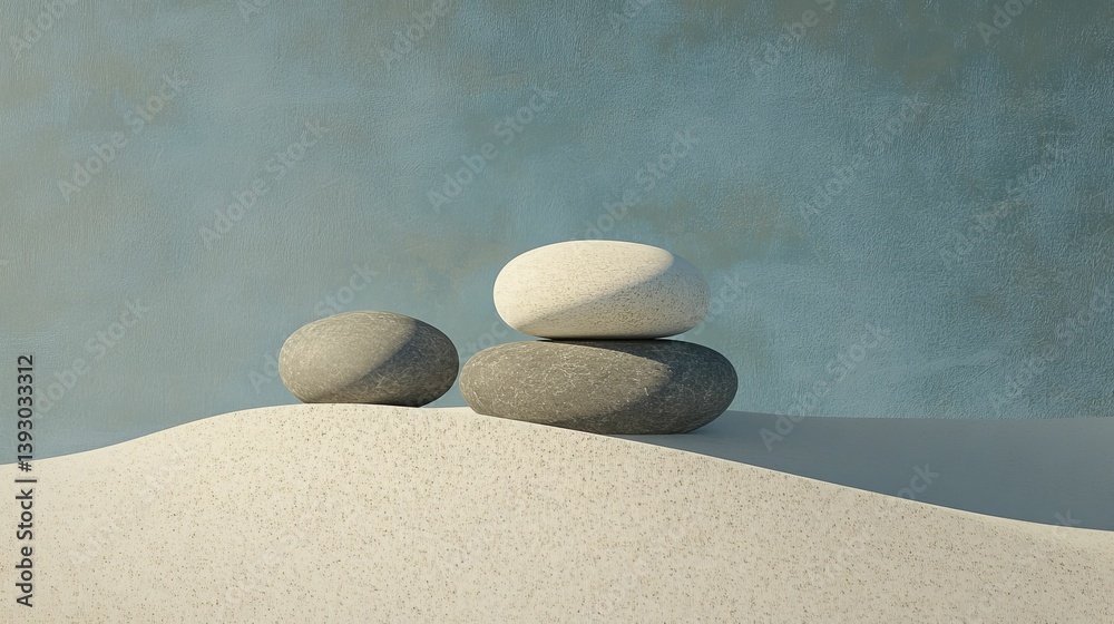 Three smooth stones stacked on sand against a light blue background.