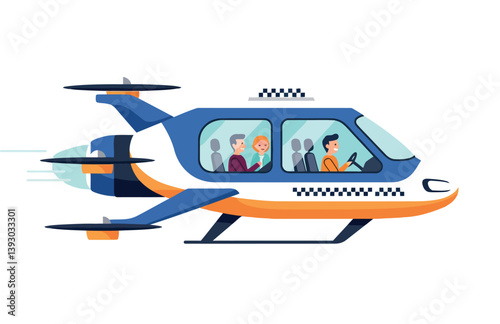 Helicopter flying through the sky with passengers inside in a flat vector art style