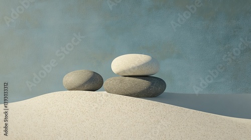 Obraz na płótnie Three smooth stones stacked on sand against a light blue background. w salonie