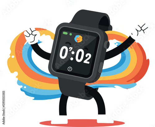 Animated smartwatch character with vibrant colorful waves in a playful and dynamic flat vector illustration
