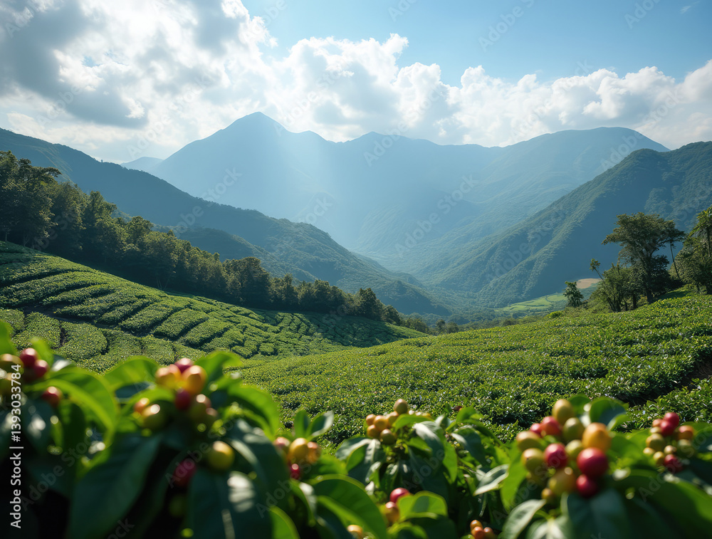 breathtaking landscape features rolling green tea and coffee plantations in the foreground