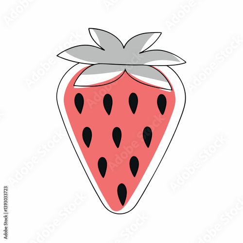 A juicy strawberry, plump and red, bursting with summer sweetness, a playful illustration in bold outlines and soft pastel colors.