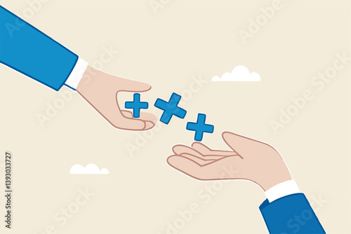 Forward positivity, growth mindset or success attitude, positive feedback, happiness or encourage people, support or optimistic concept, businessman hand forward positive plus sign to colleagues.