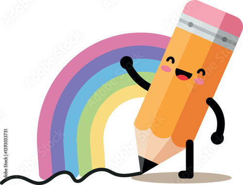 A cheerful pencil character playfully drawing a colorful rainbow in a flat vector illustration