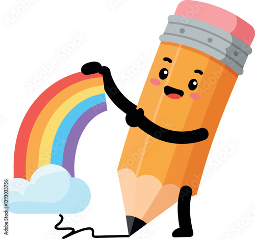 Cheerful pencil character creating a colorful rainbow in a playful flat vector illustration
