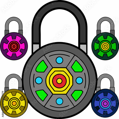 A mystical combination lock, guarded by vibrant colored keystones, hinting at a secret hidden within its intricate design, with bold, cartoonish style.