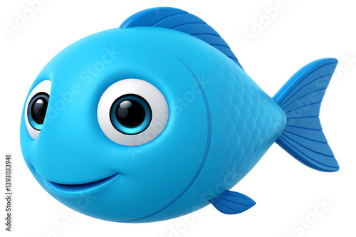 Cute 3D Cartoon Blue Fish Character with Big Eyes and Smile Isolated on Transparent Background for Kids Animation and Ocean Themes