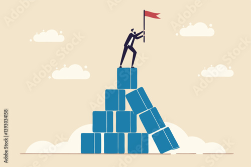 Winner take all, survive business competition or strength to overcome difficulty, economic crisis or recession, business winner concept, success businessman on stand strong bar graph domino collapse.