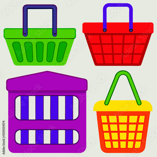 A vibrant collection of colorful shopping baskets ready for a fun shopping spree, showcasing bold flat colors and simple shapes.